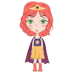 Hand drawn beautiful cute haired girl in superhero costume . Cartoon character. Template for design cards, notebook, shop, poster. The little superhero girl.
