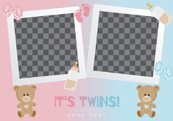 Baby frames with boy/girl and stickers on light background. It's a boy. It's a girl. Photo frame and decorative elements of baby toys. It's twins