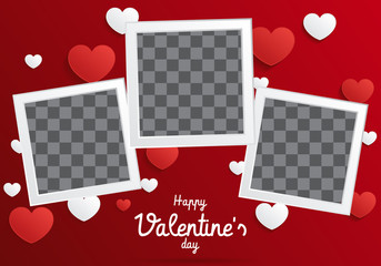 Postcard Happy Valentines Day with a blank template for photo. Vector illustration. Valentine's Day background congratulation card. Card with paper art hearts 