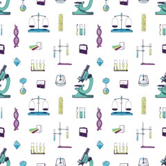 Seamless pattern with chemistry and physics laboratory equipment. Backdrop with measuring tools for scientific experiment, study, research. Hand drawn realistic vector illustration for textile print.