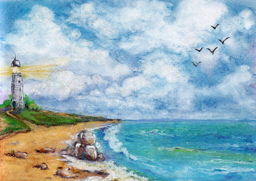 Sea landscape with lighthouse, seagulls and stones painted in watercolor