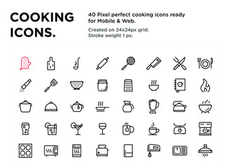40 Cooking Icons, pixel perfect, created on 24x24px grid, ready for all mobile platforms, web and print, easy to change color or size