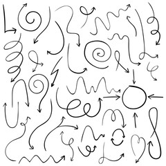 Doodle set of pencil drawing objects. Hand drawn abstract grunge arrows. Vector abstract arrows for design use