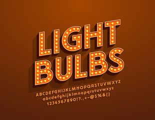 Vector Light Bulbs retro style Font. Electric vintage Alphabet Letters for Entertainment and Event Marketing © Popskraft