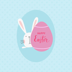 Postcard-happy-easter-bunnu-and-egg. Cartoon- holidy- poster-blue