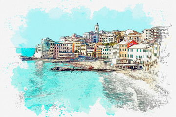 Watercolor sketch or illustration of the beautiful view of Camogli - a commune in Italy, located in the Liguria region, in the province of Genoa - obrazy, fototapety, plakaty