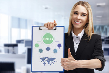 Business, technology, internet and networking concept. Young entrepreneur showing keyword: Coaching