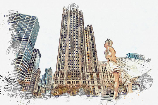 Watercolor sketch or illustration of a beautiful view of the Chicago with urban skyscrapers. Cityscape or urban skyline