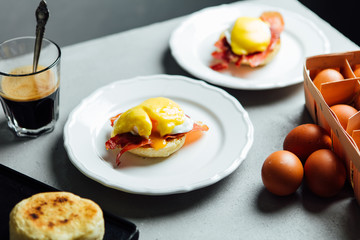 Traditional english breakfast served for two shot on grey background