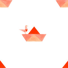 Watercolor beautiful seamless pattern with seagull and sailboats. Origami style. On a white background. Illustration. Waiting for summer and vacationes.