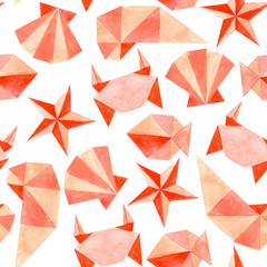 Watercolor beautiful seamless pattern with sea animals at the bottom. Origami style. On a white background. Illustration. Waiting for summer and vacationes.