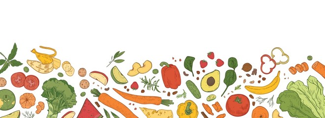 Horizontal backdrop with border consisted of fresh organic food. Banner template with tasty eco wholesome ripe vegetables, fruits, delicious healthy products. Hand drawn realistic vector illustration.
