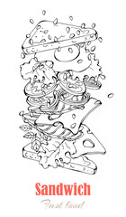 Vector illustrations on the fast food theme: sandwich.