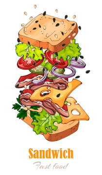 Vector illustrations on the fast food theme: sandwich.