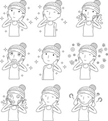 Illustration of a cute lady who is washing the face outline set