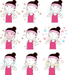 Illustration of a cute lady who is washing the face set