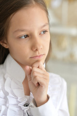 Fototapeta na wymiar Close-up portrait of little girl in white blouse posing