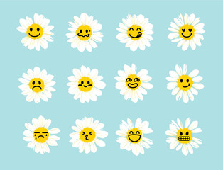 Set of White daisy or chamomile with cute and funny emoji face.Isolated. Vector illustration