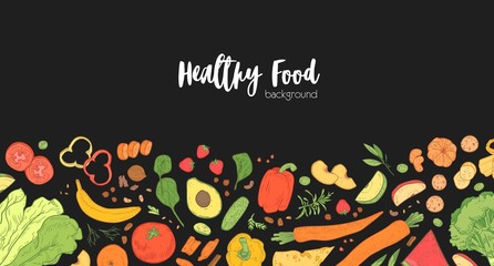 Horizontal banner template with scattered fresh wholesome food on black background. Backdrop with tasty eco healthy products, delicious dietary nutrition. Hand drawn realistic vector illustration.