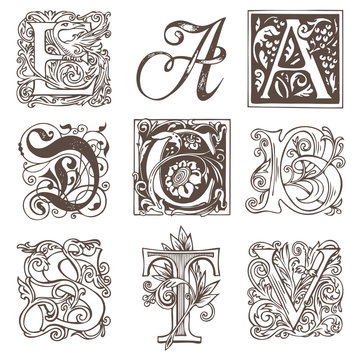 Vector set of nine decorative hand drawn initial letters. English letters in vintage style. Fancy letters with curls. Black and white illustration.