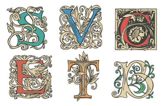 Vector set of six decorative hand drawn initial letters. English letters in vintage style. Fancy letters with curls