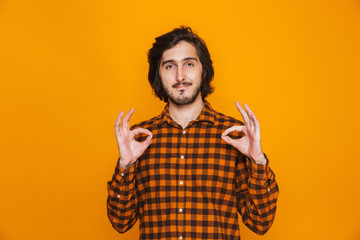 Handsome young happy man isolated over yellow wall background showing okay gesture.