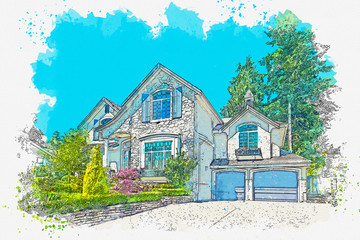 Obraz premium Watercolor sketch or illustration of a beautiful residential country or suburban home. Real estate or modern housing