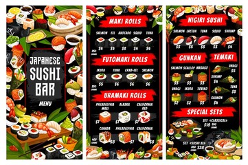 Japanese cuisine menu, vector sushi and rolls