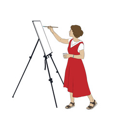 Young woman in full growth paints a picture on an easel