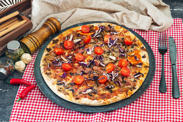 pizza cooked with standard cooked ham and mushrooms