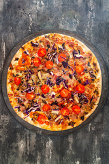pizza cooked with standard cooked ham and mushrooms