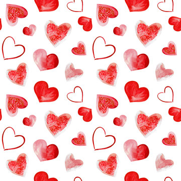 Hand-drawn watercolor heart seamless pattern for background.