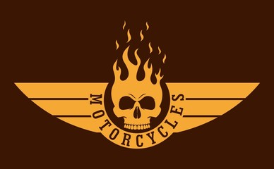 Skull on fire with wings and text. Biker logo