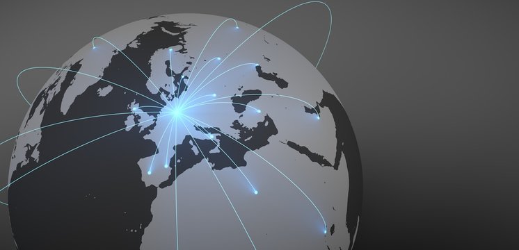 Shipments to the whole world from Germany. Image of the world with illuminated connections.