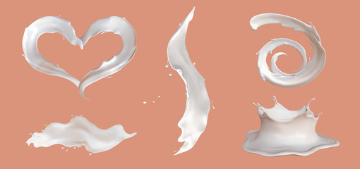 Milk splashes with drops and blots set. Isolated, 3d render, clipart