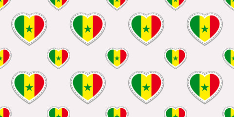 Senegal flags background. Senegalese flag seamless pattern. Vector stickers. Love hearts symbols. Good choice for sports pages, travel, patriotic, geographic, elements. patriotic wallpaper