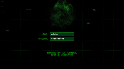 Retro screen with computer hacking in progress, successful login, data theft.