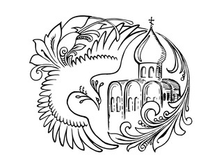 Hand drawn black and white ink line firebird, character of Russian folk tales, on the background of an old Russian cathedral. graphic element for design of cards, t-shirts, bags and other souvenirs
