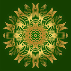 Sacred Oriental Mandala. Floral Ornament. Vector Illustration. Can Be Used For Greeting Card, Coloring Book, Phone Case Print. Green gold color