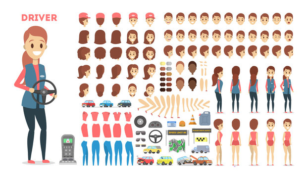 Female driver character set for the animation with various views