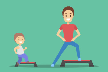 Parent and child doing workout in gym