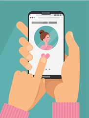Online dating app concept. Male hands in suit holding smartphone with woman on screen. Online dating, long distance relationship concept. Finger presses heart button. Flat cartoon vector illustration