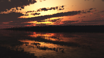 Dark Gloomy Majestic Sunset With Calm Lake And Landscape