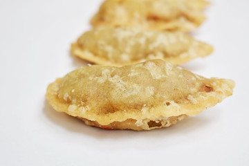 deep fried Guizhou of dumpling stuffed slice garlic chive on white background