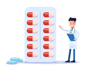 Smiling doctor prescribes medication. Cheerful pharmacist offers to buy medicines. 