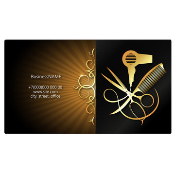Beauty salon and hair salon business card design with tool and gold  ornament Stock Vector | Adobe Stock