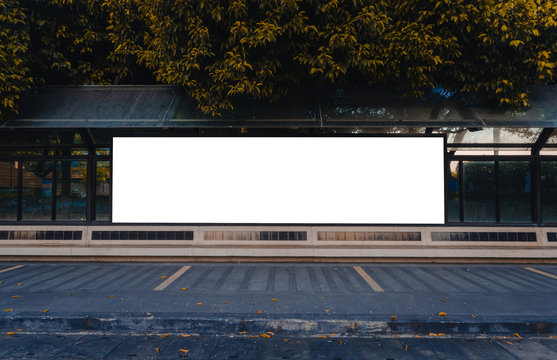 Big Blank Billboard White LED Screen Horizontal Outstanding In The Park At City On Pathway Walking At Side The Road For Display Advertisement Text Template Promotion New Brand At Outdoor Ad.