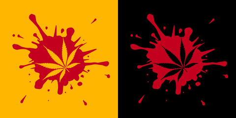  flat sheet of cannabis, marijuana on a drop of blood. Vector illustration