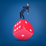Staggering businessman on big red rice on blue background