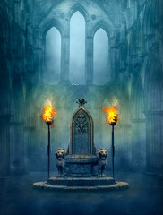 Fantasy medieval scene with a throne and tourches